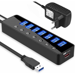 Usb Hub Active 3.0 Avec alimentation électrique, 7 Ports Usb 3.0 Hub Hub de données actif avec commutateur et 1 Port de recharge intelligent