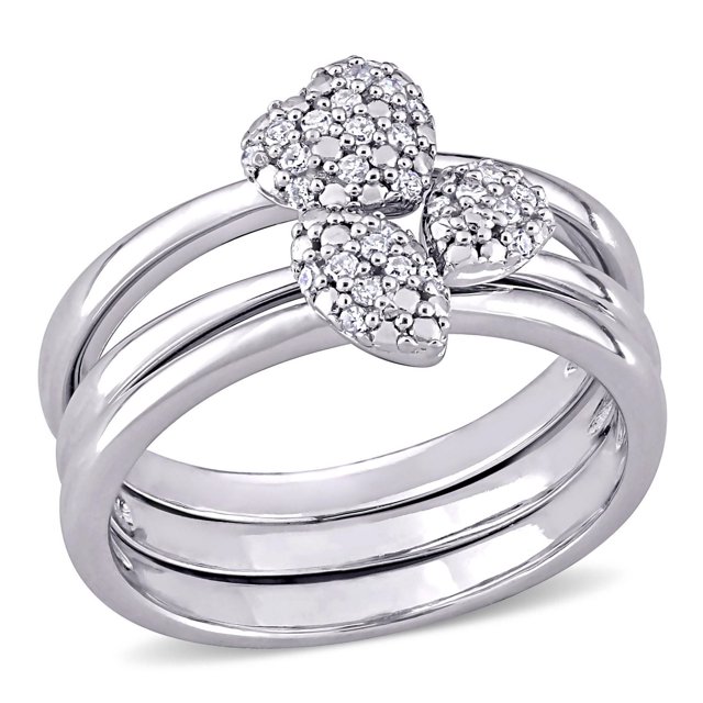 Miabella 1/6 Carat T.W. Diamond Sterling Silver Stacking 3-Piece Ring Set with three polished sterling silver stackable bands, each featuring pave-set round-cut diamonds in heart, pear, and marquise shapes, diamonds graded G-H color and I2-I3 clarity, suitable for layering or gifting.