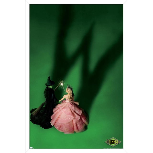 Wicked - Teaser One Sheet Wall Poster, 22.375" x 34" showing two characters on a green background: a witch in a black cloak and pointed hat holding a broom, and a blonde woman in a pink layered gown and crown holding a glowing wand. Their shadows form a dramatic silhouette. This glossy poster is lightweight and easy to hang, suitable for bedroom or office decor.