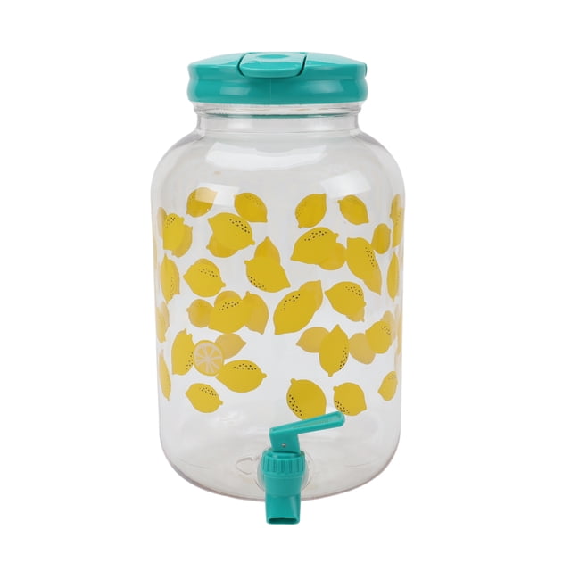 Mainstays Lemon Acrylic Beverage Dispenser, 4.54 L, 1 Pack, Blue, clear round acrylic dispenser decorated with yellow lemon graphics, featuring a teal blue lid and spigot, made of lightweight polypropylene, ideal for serving beverages and suitable for infused water or iced tea.