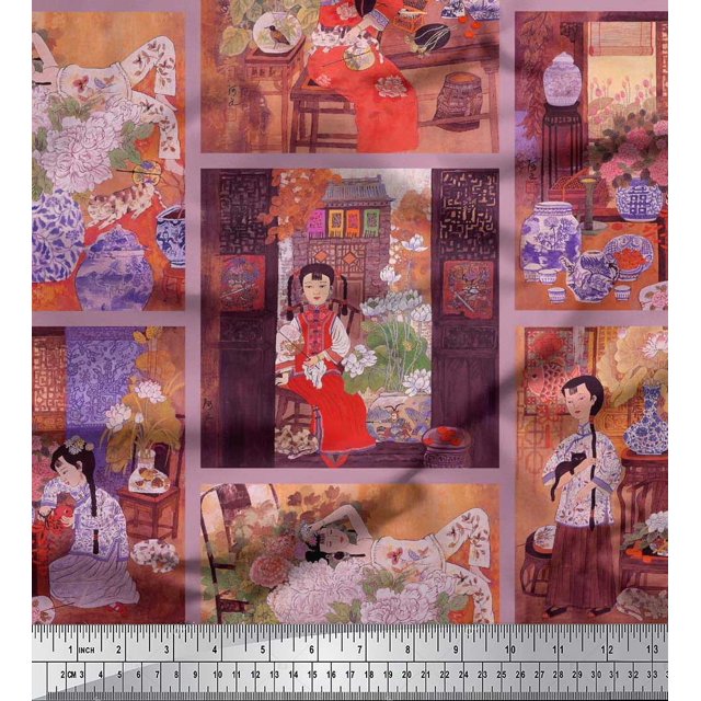 Soimoi Polyester Crepe Fabric Flower Vase,Cat & Girl Patchwork Decor Fabric Printed Yard 52 Inch Wide