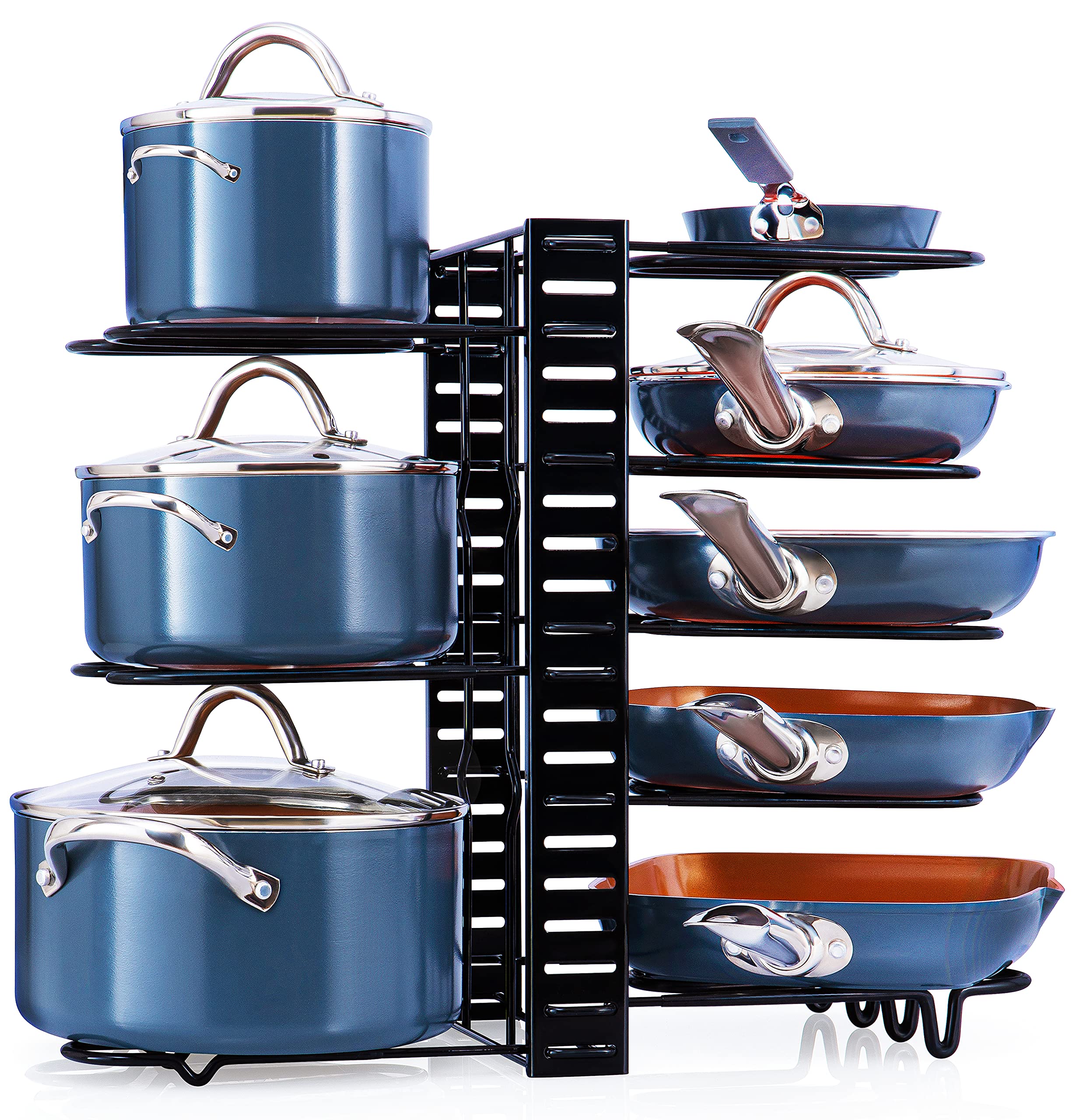 Last Minute Kitchen Pot & Pan Organizer 3 DIY Method Adjustable 8+ Rack System for Pantry Cabinet & Countertop Black Heavy Duty Steel (ECO-FRIENDLY)â¦