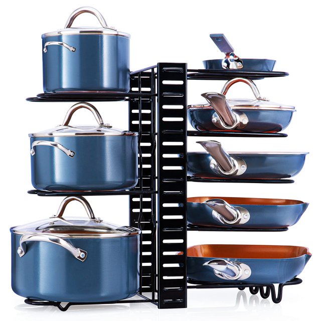 Last Minute Kitchen Pot & Pan Organizer 3 DIY Method Adjustable 8+ Rack System for Pantry Cabinet & Countertop Black Heavy Duty Steel (ECO-FRIENDLY)â¦