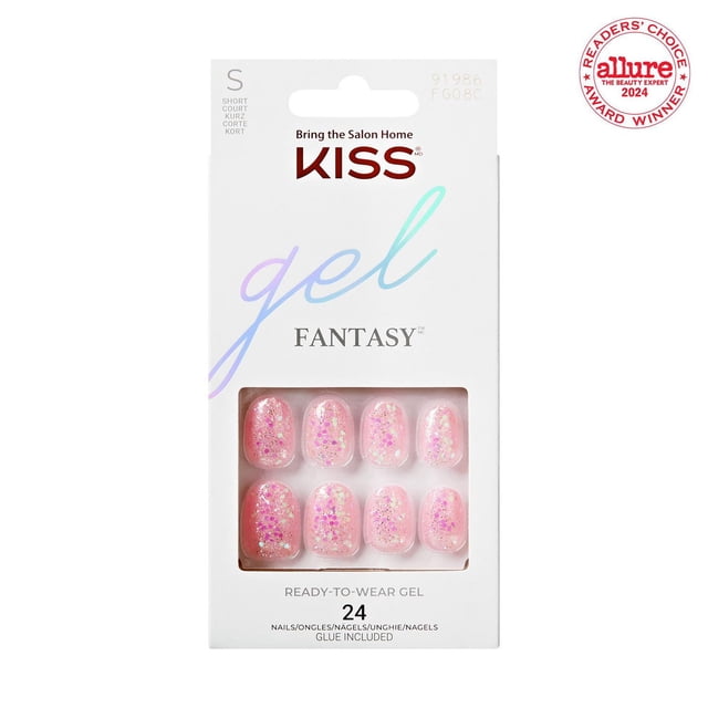 KISS Gel Fantasy - Faux Ongles, 24 Unités, Ongles en Gel Roses Pailletés de Forme Ovale Courte avec Étincelles Multi-Tailles dans un Emballage Blanc avec Fenêtre Transparente, Inclut de la Colle, Conçus pour une Tenue Longue Durée de Qualité Salon Sécuritaire pour les Ongles Naturels.