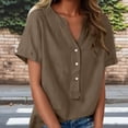 thumbnail image 2 of Floleo T-Shirt à Manches Courtes pour Femmes, Style Lin, Col en V, Boutons devant, Demi-Ouverture, Haut Vintage Classique, Respirant, Confortable, Extensible, Tissu Fin, Printemps Été Automne, Tenue Quotidienne (Coffee#2,m), 2 of 8