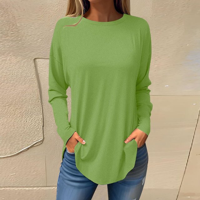 Mefallenssiah Womens Round Neck Solid Color Fall Blouses Fashion Smocked Long Sleeve Shirts Tops Green S