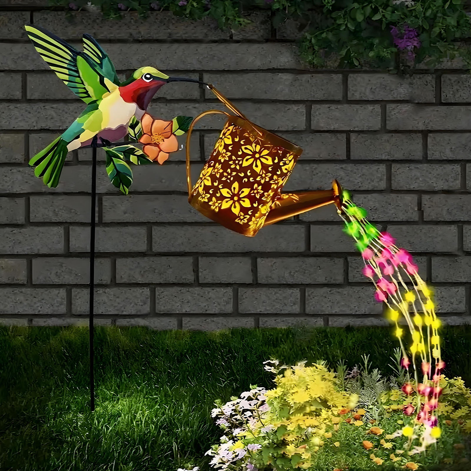Uscallm Solar Garden Lights, Bird and Flower Solar Powered Outdoor Lights for Patio Decor, Resin Ground Stake Lights, Watering Can Solar Lamp for Yard Lawn Ambiance
