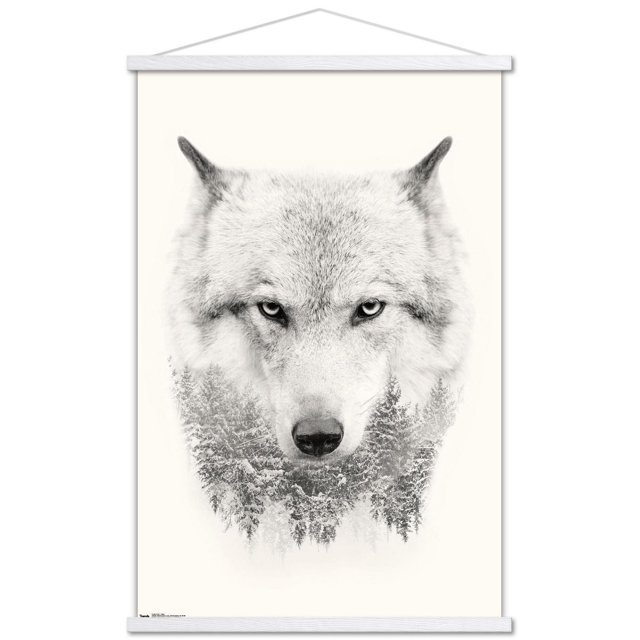 Wolf - Trees Wall Poster, 22.375" x 34", depicting a front-facing wolf head silhouette blended with a black and white pine forest at the bottom, printed on glossy poster paper with white wooden hanging frames, suitable for home décor and wall art in various rooms.