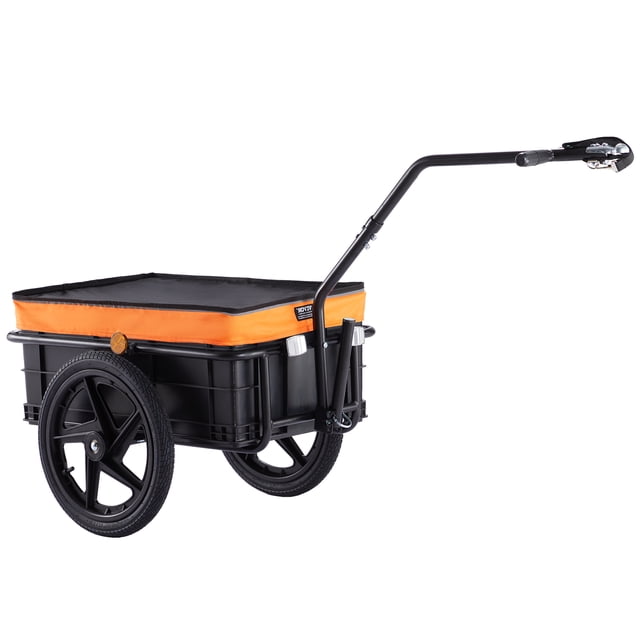VEVOR Remorque Cargo pour Vélo avec une Capacité de Charge de 88 Lb, Doté d'Un Cadre en Acier au Carbone Robuste et d'Un Couvercle en Tissu Oxford 600D Imperméable. la Remorque Comprend des Roues de 16 Pouces avec des Moyeux en Fer, des Réflecteurs à Rayons Couleur or et un Attelage Universel pour Compatibilité avec des Roues de Vélo de 24 à 28 Pouces. Elle a un design Pliable pour un Rangement compact et une Caisse de transport Spacieuse Mesurant 26,5 x 17,1 x 8 Pouces. Idéale pour Transporter de l'Équipement de camping