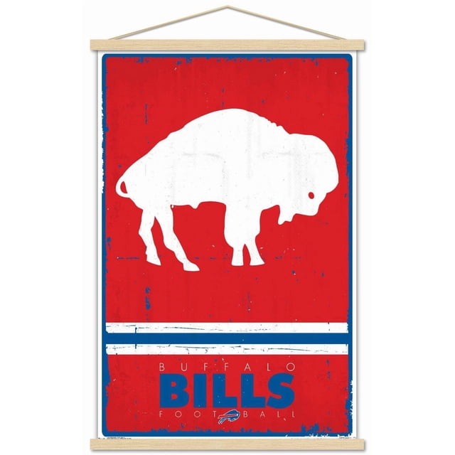 NFL Buffalo Bills - Affiche Murale Logo Rétro 15, 22,375 Pouces x 34 Pouces Mettant en Vedette une silhouette de Bison Blanc sur un Fond Rouge Vieilli avec des Rayures Bleues et Blanches en Dessous, Texte Bleu Audacieux « Bills », Texte Plus Petit « Buffalo FOOTBALL », et le Logo de l'Équipe, Imprimé sur Papier Lustré avec Pinces de Suspension en Bois, Convient à la Déco Murale de Salle de Sport Ou de fan.