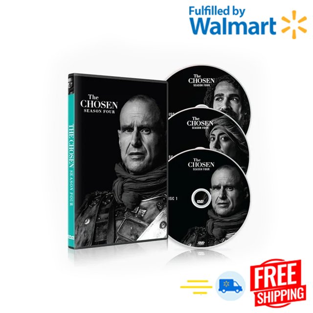 The Chosen: Season Four - DVD English Only, featuring a sealed box set with four discs. The cover displays the title and a dramatic black-and-white design. The DVD set is part of the American Christian historical drama series about the life and ministry of Jesus of Nazareth, created by Dallas Jenkins. Fulfilled by Walmart with free shipping.