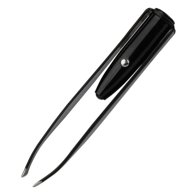 Vivispa Lighted Tweezer with rinseable stainless steel tips and black plastic body featuring a built-in light button for safe and hygienic hair removal, designed with a comfort squeeze grip and suitable as an eyebrow tool.