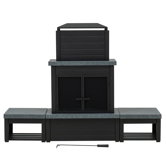 Sunjoy Cheminée Foyer à Bois Extérieur en Acier Noir Mat avec Conduit, Supports à Bûches, Outil de Foyer et Housse en PVC