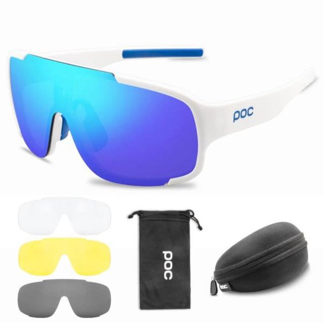 Lunettes de Cyclisme POC 4 Ensemble avec un design Blanc à Monture Complète et des Verres Miroir Bleus. Comprend Quatre Verres Interchangeables : Couleur Complète, Gris, transparent et vision Nocturne Jaune. Est Livré avec une Pochette de Transport Noire et un Étui Rigide de protection. Idéal pour l'Équipement de protection pour Adultes dans les sports de Plein Air comme le Cyclisme, la Course, le Ski et la Randonnée, Offrant une protection UV400 et un Confort Léger.
