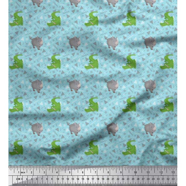 Soimoi Poly Crepe Fabric Geometric Shapes,Crocodile & Rhinoceros Kids Print Fabric by The Yard 42 Inch Wide