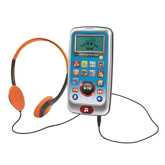 VTech Rock & Bop Music Player™- Musical Toy for Preschoolers - English Version front-facing colorful player with demo screen, bright buttons and included kid-safe volume-limited headphones; offers 10 interactive musical games teaching letters, numbers, animals and time, 100+ songs, instrument remix and Boogie Down dance mode, often used for preschool circle time.