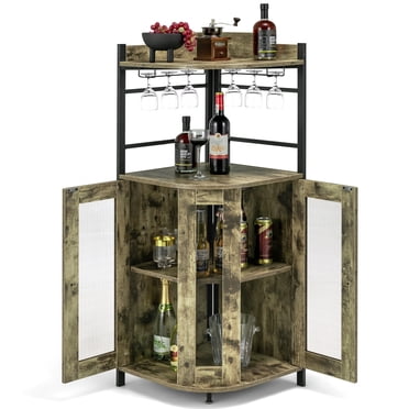 Costway Corner Bar Cabinet Industrial Liquor Wine Cabinet with Glass Holder & Mesh Doors