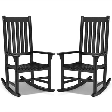 Gymax Lot de 2 Chaises Berçantes en Bois pour Porche, Dossier Haut, Siège de Jardin Intérieur/extérieur, Noir