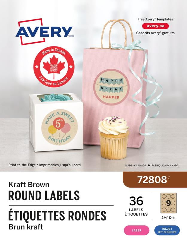 Avery Étiquettes rondes brun kraft, 2½" Diameter, adhésif permanent, pour imprimantes laser et à jet d’encre - 72808