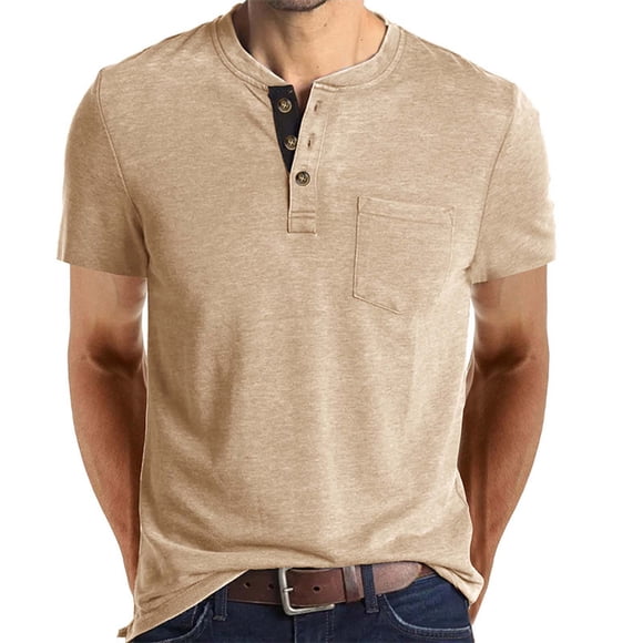 cfhntfmh Henley T-Shirts for Men Casual Summer Short Sleeve Cotton Shirts Basic Button Tee Tops with Pocket