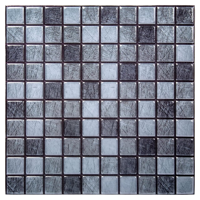 Truu Design Carreaux Muraux Carrés Métalliques 3D Auto-Adhésifs à Décoller et Coller Affichant une Grille Sans Joint de Petits Carreaux Carrés dans des Nuances Gris Métallique et Argent avec une surface Texturée Grattée, Convenant à une application Bricolage Facile sur des Murs Lisses, des Dosserets de Cuisine Ou des Salles de Bain.