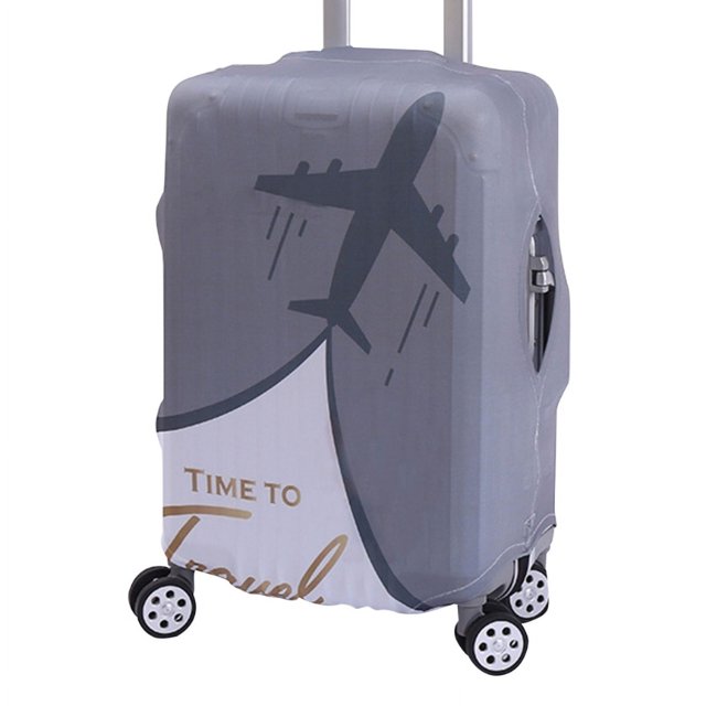 Spandex Travel Luggage Cover Suitcase Protector Bag Fits 20-32 Inch Luggage. The cover is made of spandex and polyester with a solid pattern and features a printed airplane design with the text 'Time to Travel.' It is shown fitted on a suitcase with four wheels, providing a snug and protective fit.