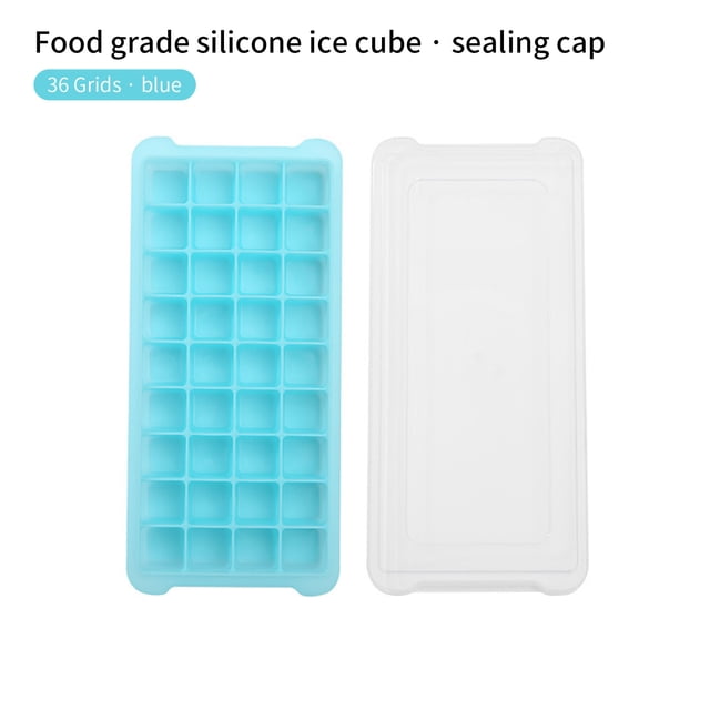 LSLJS 24/36 Ice Trays With Lids Stackable Silicone Ice Trays for Easy Release, featuring a blue silicone tray with 36 compartments and a transparent lid. Designed for easy ice cube release and stackable storage, ideal for narrow freezer spaces. Made from BPA-free, food-grade silicone for safe use. Suitable for making ice cubes, freezing baby food, or preparing beverages. Dishwasher safe and easy to clean.