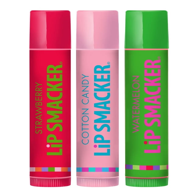Lip Smackers Original & Best Lip Balm Trio with three upright tubes in strawberry red, cotton candy pink, and watermelon green, each labeled with the Lip Smacker brand and flavor name, featuring classic conditioning formulas ideal for kids beauty gift sets and daily lip care.