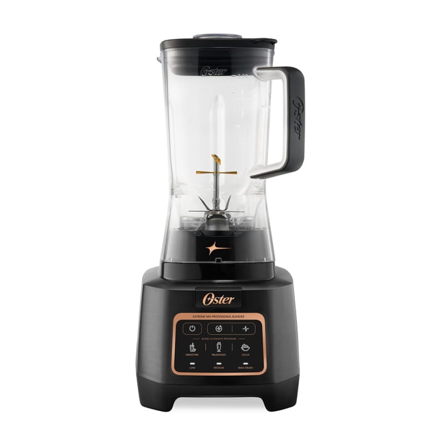 Oster Extreme Mix Blender, 8-cup countertop blender with 1500 watt turbocharged motor, black brushed base with touchscreen controls for smoothie, milkshake, and salsa auto programs, clear BPA-free Tritan jar with black ergonomic handle and titanium-coated 10-point blade stack.
