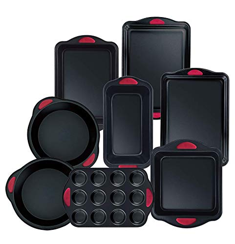 Hell's Kitchen Nonstick 8 Piece Ultimate Bakeware Set - Baking Pans and Baking Sheet in Non Stick with Red Silicone Grips - Bakeware Set includes Cookie Cake Muffin Roasting and More