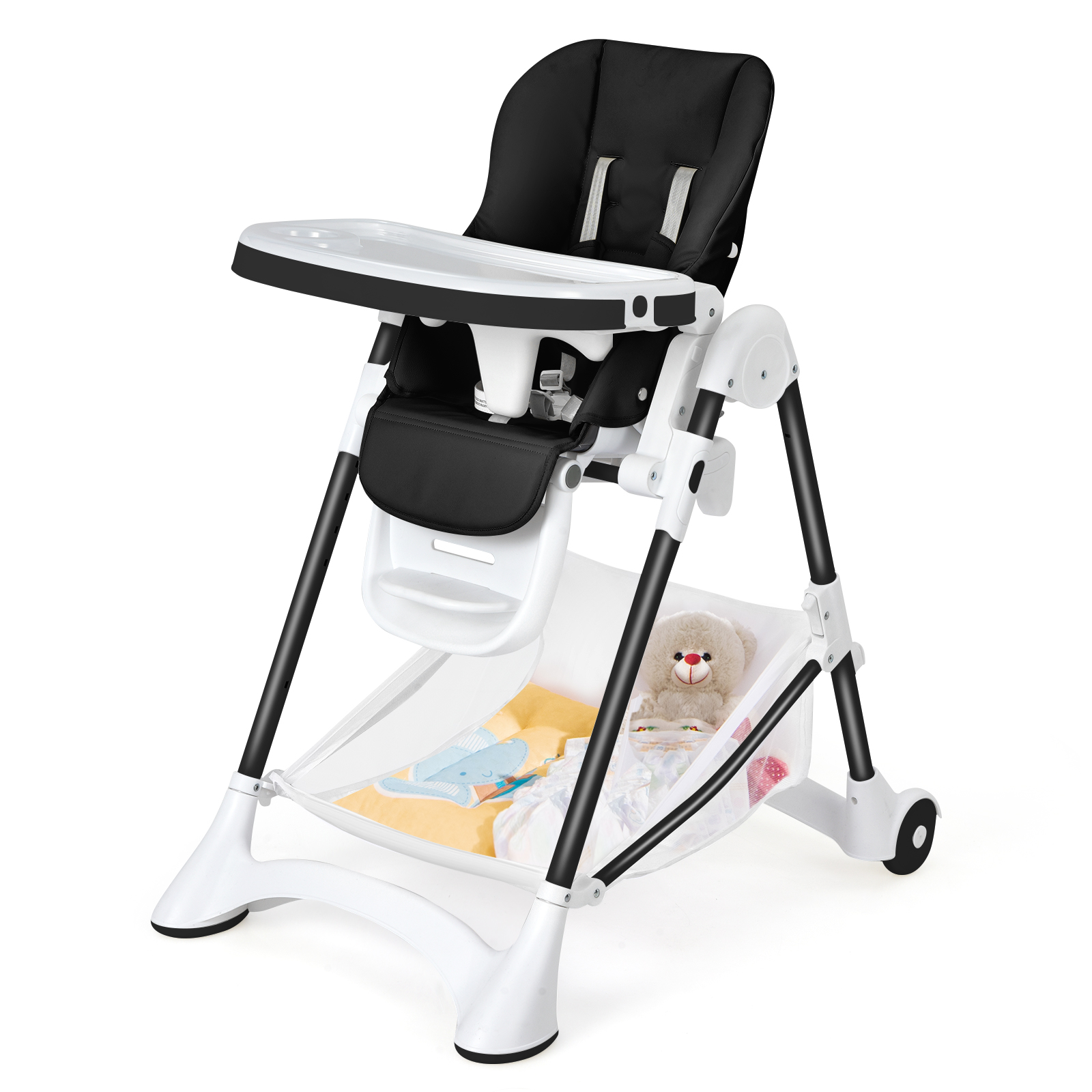 Baby Convertible Folding Adjustable High Chair withWheel Tray Storage Basket Black