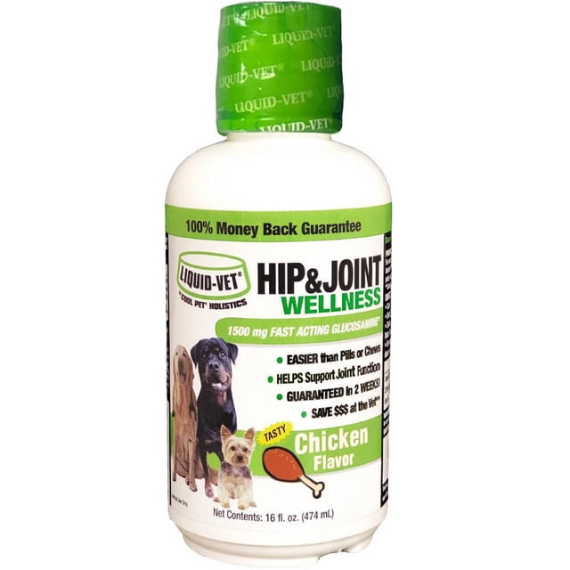 Liquid-Vet Bien-être des Articulations Glucosamine à Action Rapide pour Chiens, Bouteille Blanche de 16 oz avec Bouchon Vert, Présentant des images de Trois Chiens et un Texte Mettant en Valeur la Saveur Poulet, 1500 mg de Glucosamine, et Soutien pour la Santé des Articulations du Chien et la Mobilité.
