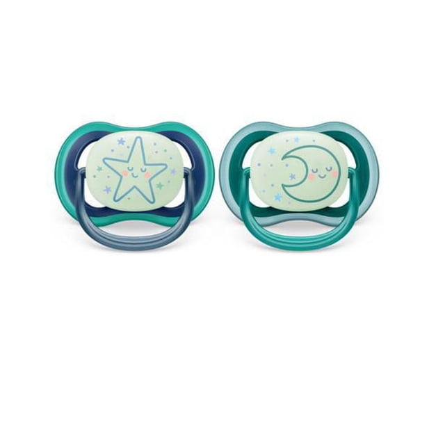 Philips Avent Ultra Air Pacifier 6-18m 2 pack SCF376/13 with sleeping star and moon designs, breathable shields with four large holes to keep skin dry, soft silicone nipples, long-lasting glow in the dark, and BPA-free materials.