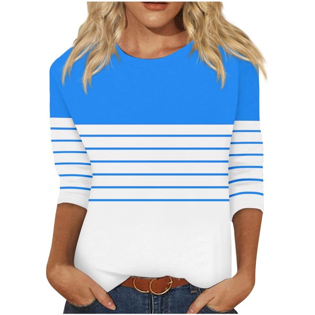Chandails de Course Manches 3/4 Hauts pour Femmes Col Ras du Cou Décontractés Tendance Chandails à Enfiler Blouses Mode d'Automne T-Shirts Rayés Tuniques Basiques S-9 Bleu Ciel TTG