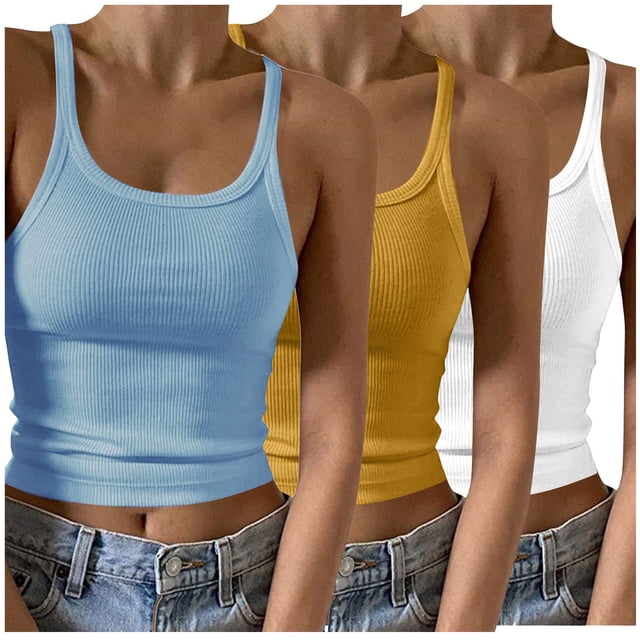 Timegard Camisoles 3 Pcs pour Femmes Col Rond Côtelé Sans Manches Ajusté Court Haut Décontracté Sortie Camis