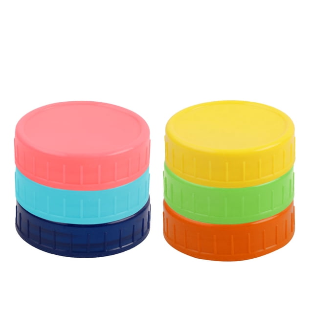 Unique Bargains 6 Pcs Plastic Mason Jar Lids designed for regular mouth mason jars, featuring a ribbed edge for anti-slip grip. The set includes six colorful lids in pink, yellow, green, orange, royal blue, and sky blue. Made of durable plastic, these lids are leak-proof, airtight, and suitable for food storage, including dry and liquid items. Dishwasher and freezer safe, they measure 74 x 19mm and fit jars with a 70mm diameter.