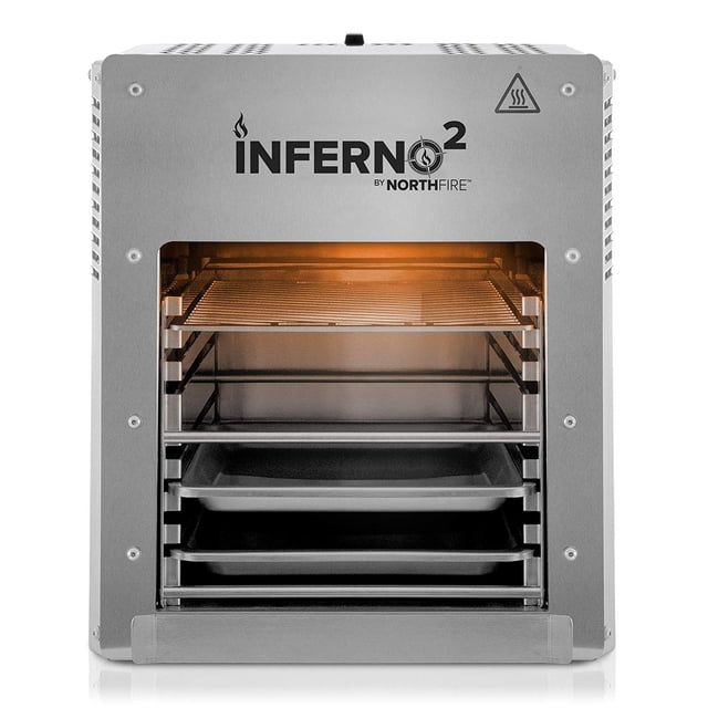 NorthFire INFERNO2 Propane Infrared Single Burner Outdoor Tabletop BBQ Grill with a stainless steel body, visible four grilling racks, and removable trays through the front opening. This gas BBQ features a user-friendly push-start ignition, reaches up to 1,500 degrees Fahrenheit, and is ideal for camping, tailgating, or picnics.