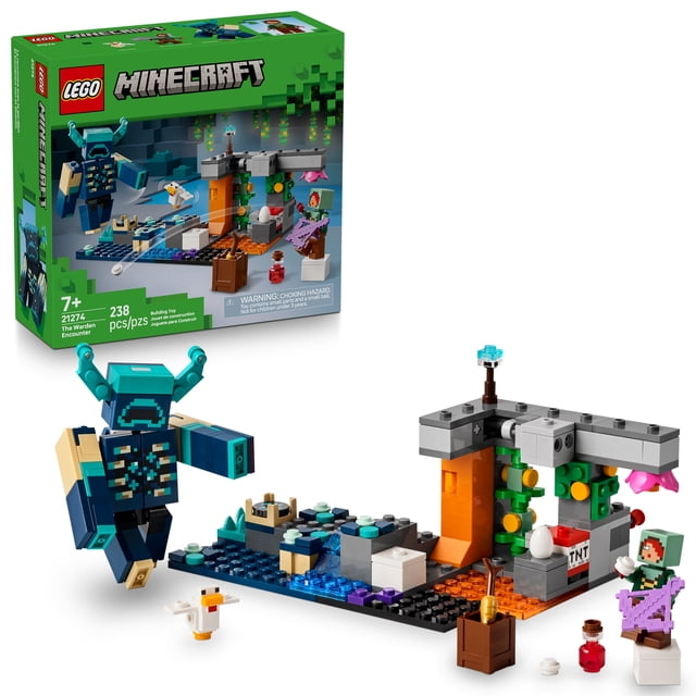 LEGO Minecraft la Rencontre avec le Warden Ensemble de Construction pour Enfants 7+ Comprenant une Figurine de Warden Articulée, une Minifigurine Silent Ranger, un Poulet Minecraft et une Scène de Grotte avec TNT, des Roches Tombantes, des Gemmes, des potions et des Carottes, Contenant 238 Pcs.