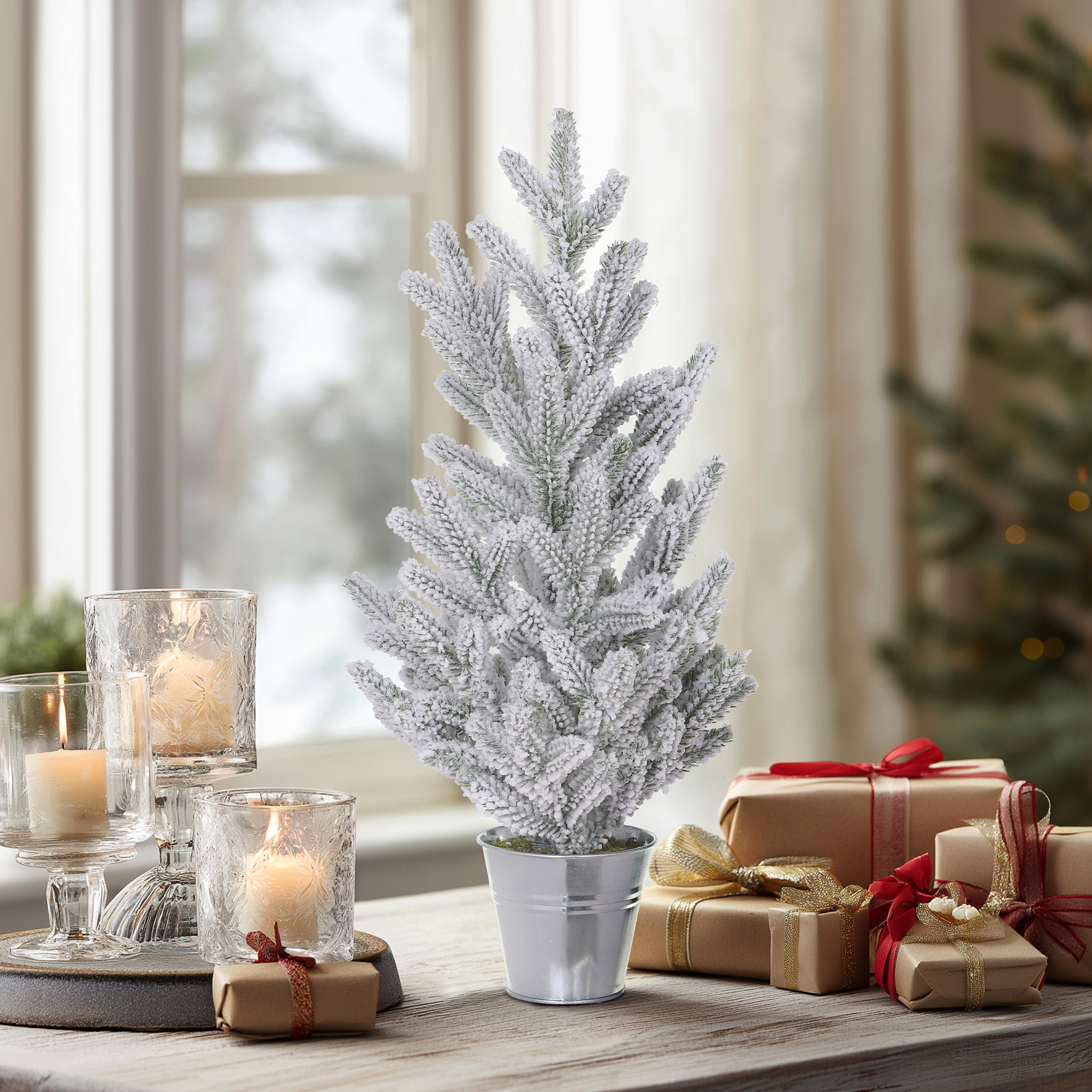 HOLIDAY TIME 15 Inch Flocked Mini Potted Christmas Tree, 80% PP 10% Iron 10% Polystyrene Foam Tabletop Decor