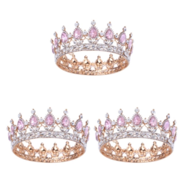 maskred Alloy Exquisite Craft And Detailed Carved Wedding Hair Crown For Brides Rhinestone Tiaras And Crowns Gold + pink 3Set