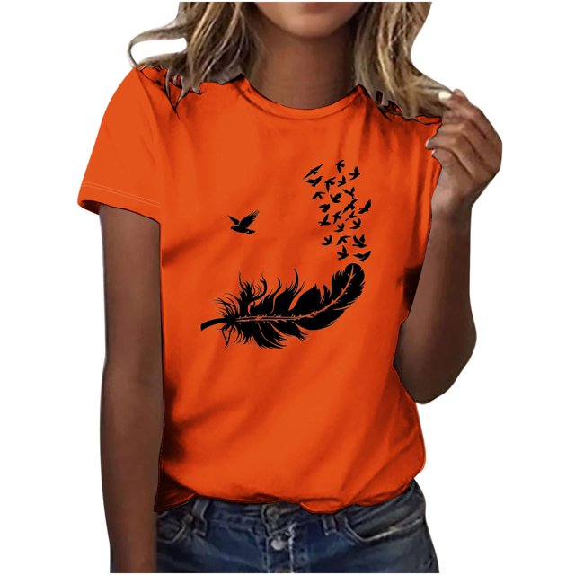 Dadaria T-Shirt Orange pour Femmes Manches Courtes Col Rond Été Chandail Blouses L