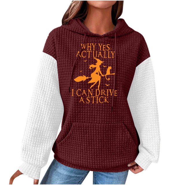 Rbaofujie Chandail à Capuchon Surdimensionné Femmes Décontracté à Manches Longues Col Rond Chandails pour Dames Hauts Blouse Chandail à Capuchon Uni Vin Chandails d'Halloween pour Femmes