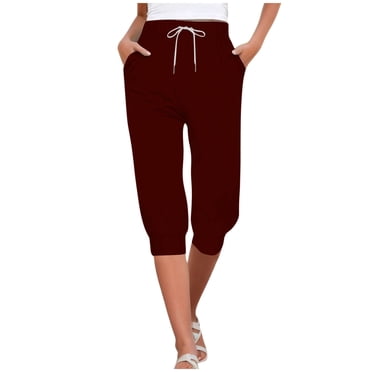 Bmisegm Women's Fashion Casual High Waist Capris, Solid Color Print, Wine, XL