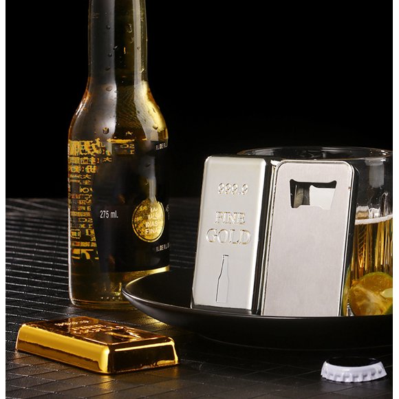 Vacemry Ouvre-Bouteille en Briques 2 Pcs, Ouvre-Boîte de Bière en Acier Inoxydable, Ouvre-Bouteille Créatif Réaliste Doré pour Bar, Fête, Cuisine, Bar, Déco Maison