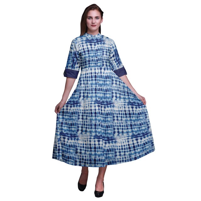 Bimba Robe Chemise Décontractée pour Femmes Shibori Imprimée Fête Mi-Mollet Évasée - X-Grand