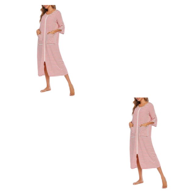 yingyy 1/2/3 Polyester Robe de Nuit pour Femmes Décontractée de Remplacement Col Rond Manches Longues Double Poche Respirante Peignoir de Maison Vêtement de Nuit Rouge TTG 2 Pcs