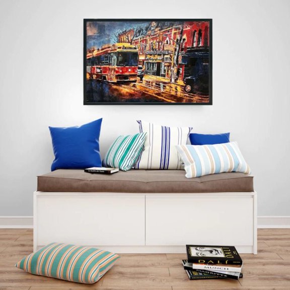 Impressionnant bâtiment noir et blanc avec bus coloré, œuvre d'art murale peinte à 50 % à la main (39" H x 59" L x 1,35" P), présentant un contraste audacieux et des détails vibrants, parfait pour ajo
