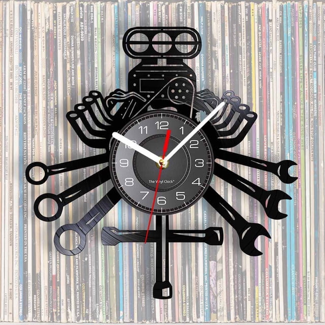 TIMIFIS Creative Clock Vinyl Record Wall Clock Auto Repair Stylized Wall Clock featuring a unique automotive-themed design with wrenches, pistons, and engine details crafted from a vinyl record. The clock face is approximately 30 cm in diameter with a black background, white hour markers, and red and white hands. Suitable for modern, Scandinavian, or retro decor styles, it is ideal for living rooms, bedrooms, offices, or workshops. Background shows a collection of vinyl records.