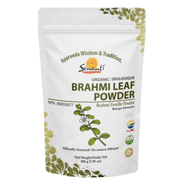 Sewanti Organic Brahmi Leaf Powder in a 200g resealable pouch. The packaging highlights its Ayurvedic roots with the botanical name Bacopa Monnieri and mentions its traditional use for memory enhancement. The design includes a floral illustration and certifications like plant-based and ethically sourced.
