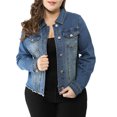 thumbnail image 1 of GRACE & GRANDEUR Women's Plus Size Washed Button Front Frayed Denim Jacket Blue 1X, 1 of 6